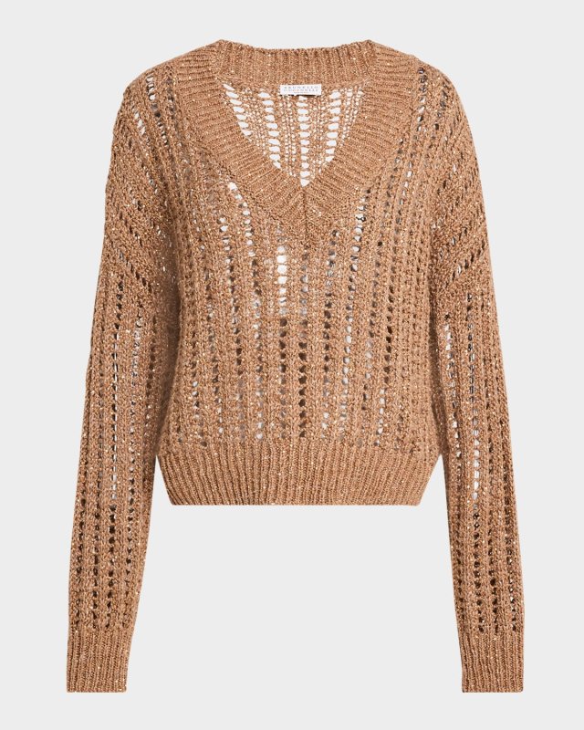 V-Neck Paillette Open-Weave Knit Sweater